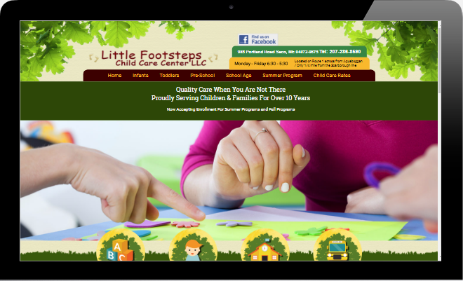 A computer screen shows a website for little footsteps child care center