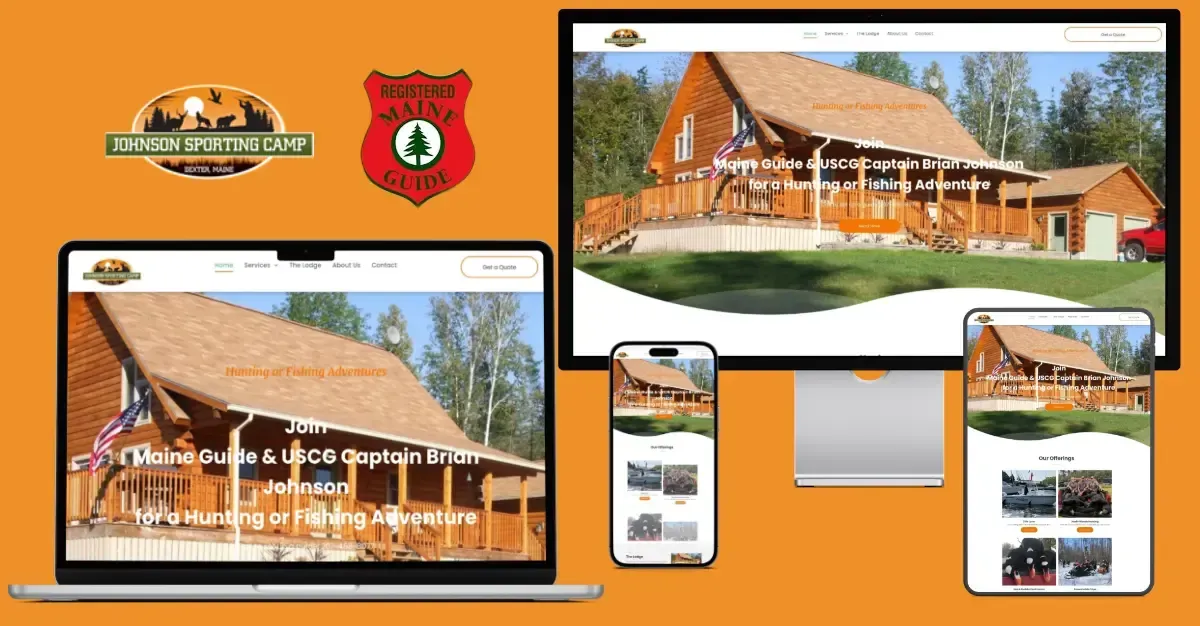 A picture of a log cabin on a computer , tablet , and phone.
