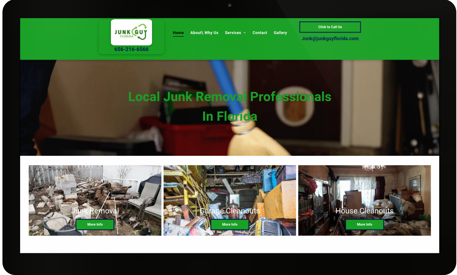 A tablet screen shows a website for local junk removal professionals in florida.