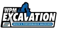 Logo for WPM Excavation, featuring a blue excavator silhouette on a black and white background.