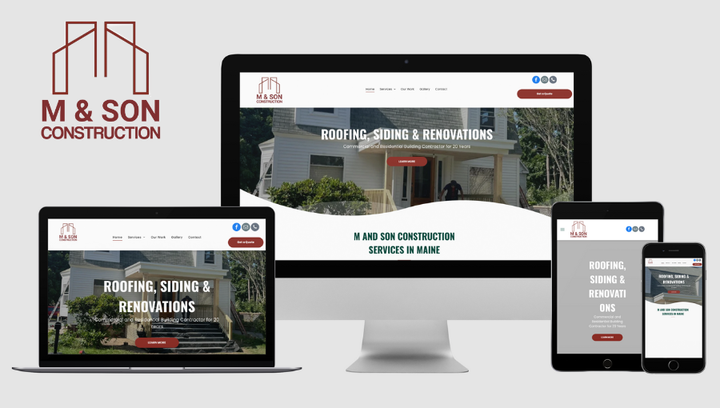 A m & son construction website is displayed on a computer , tablet , and phone.
