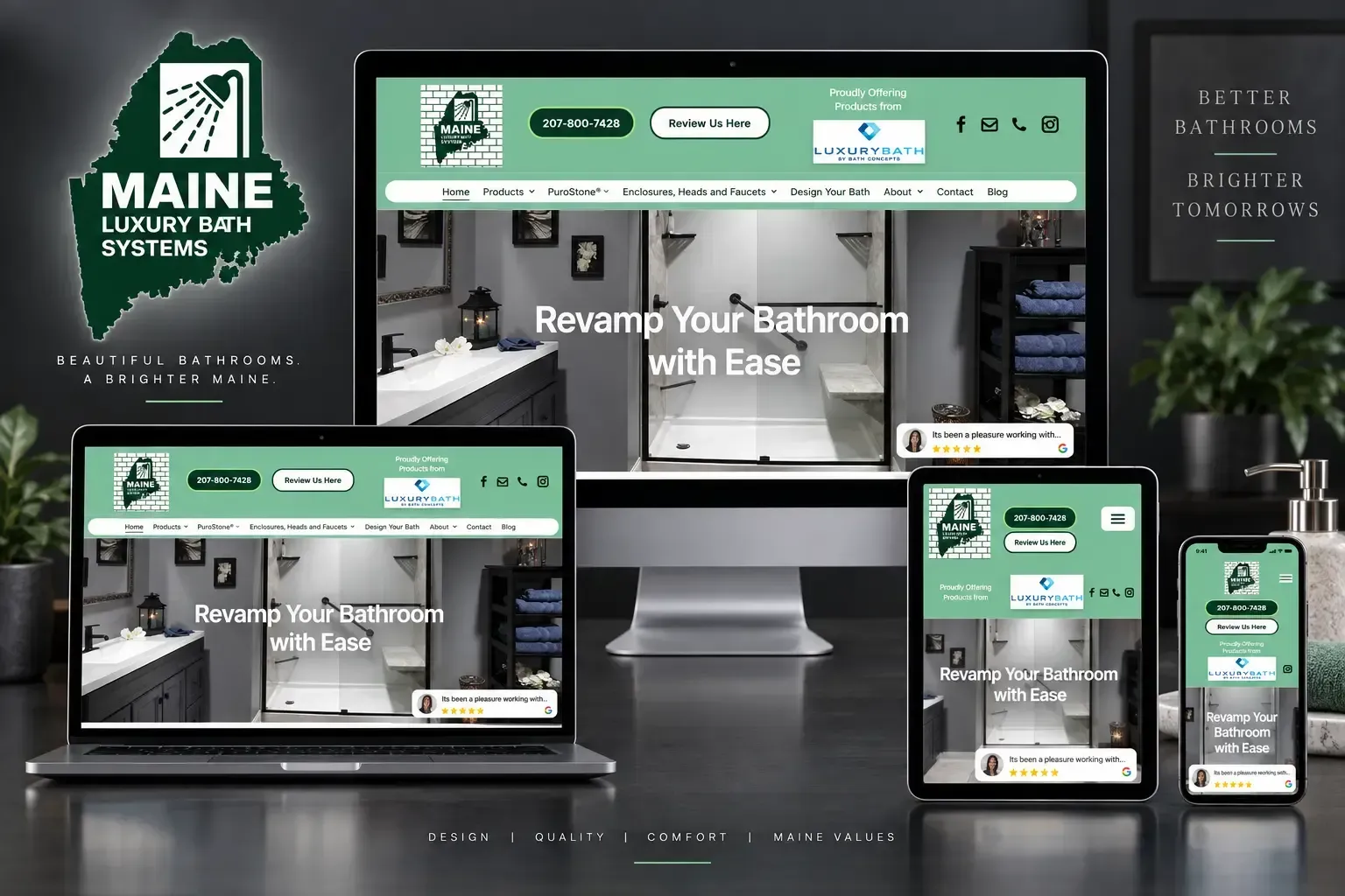 Responsive Maine Luxury Bath website displayed on desktop, laptop, tablet, and phone with green branding.