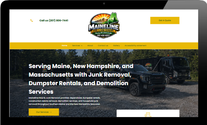 Website homepage for junk removal and dumpster rental in Maine, New Hampshire, and Massachusetts