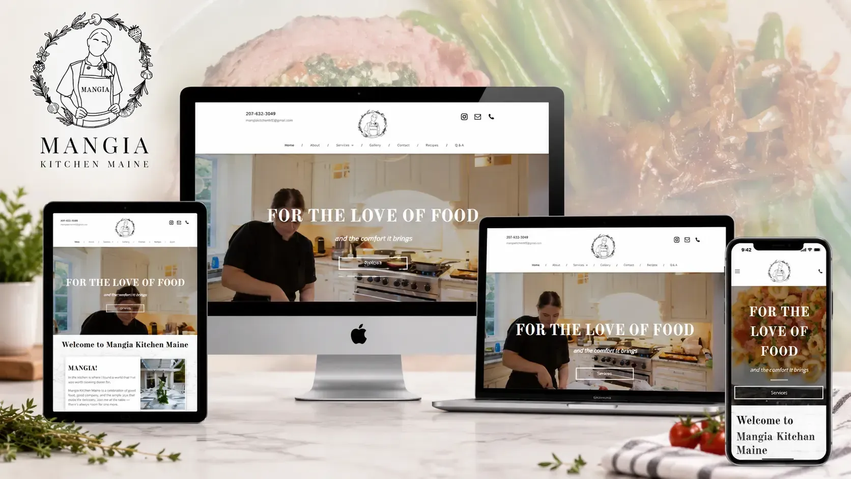 Responsive restaurant website mockup shown on desktop, tablet, and phone with warm food photography