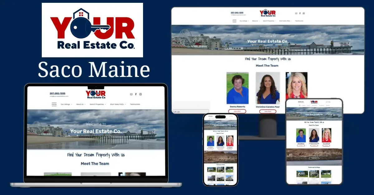 A real estate website is displayed on a laptop , tablet , and phone.