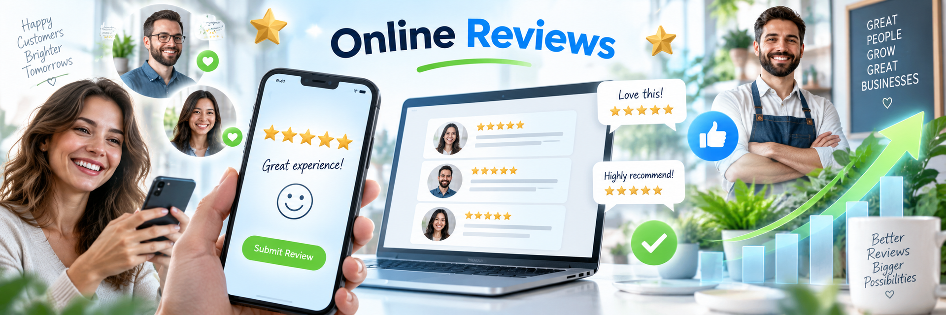 Online reviews dashboard with smiling people, star ratings, laptop, and upward green growth chart