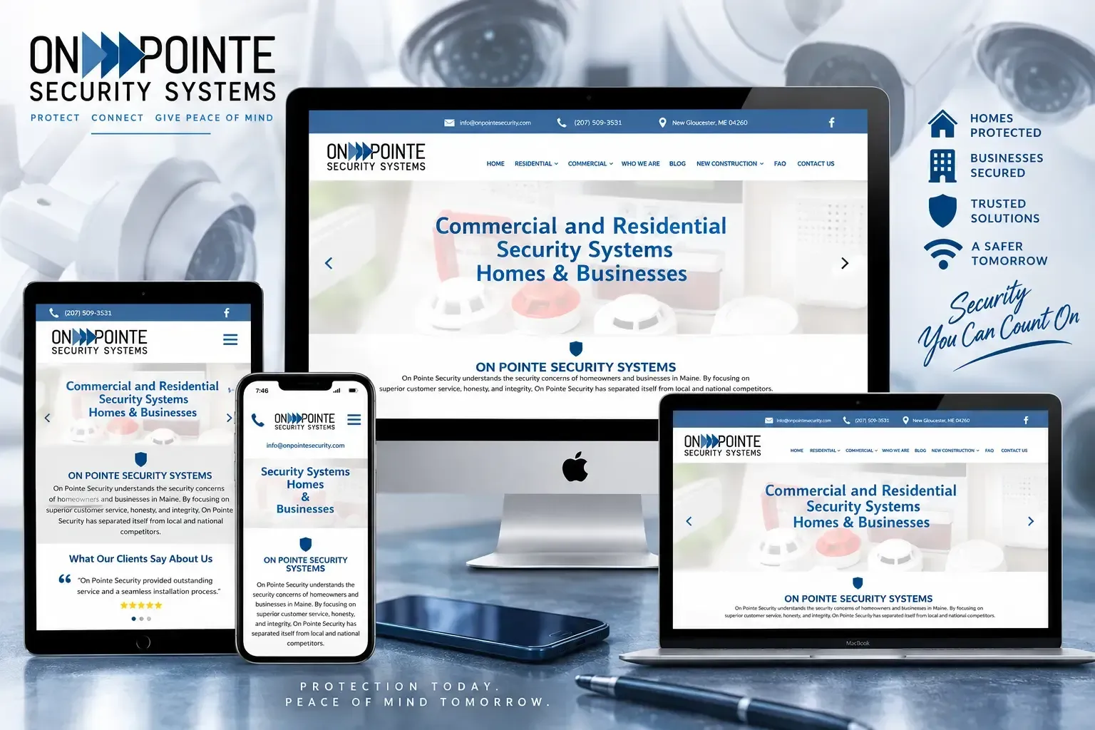 ON POINTE Security Systems website shown across desktop, laptop, tablet, and phone on a blue background