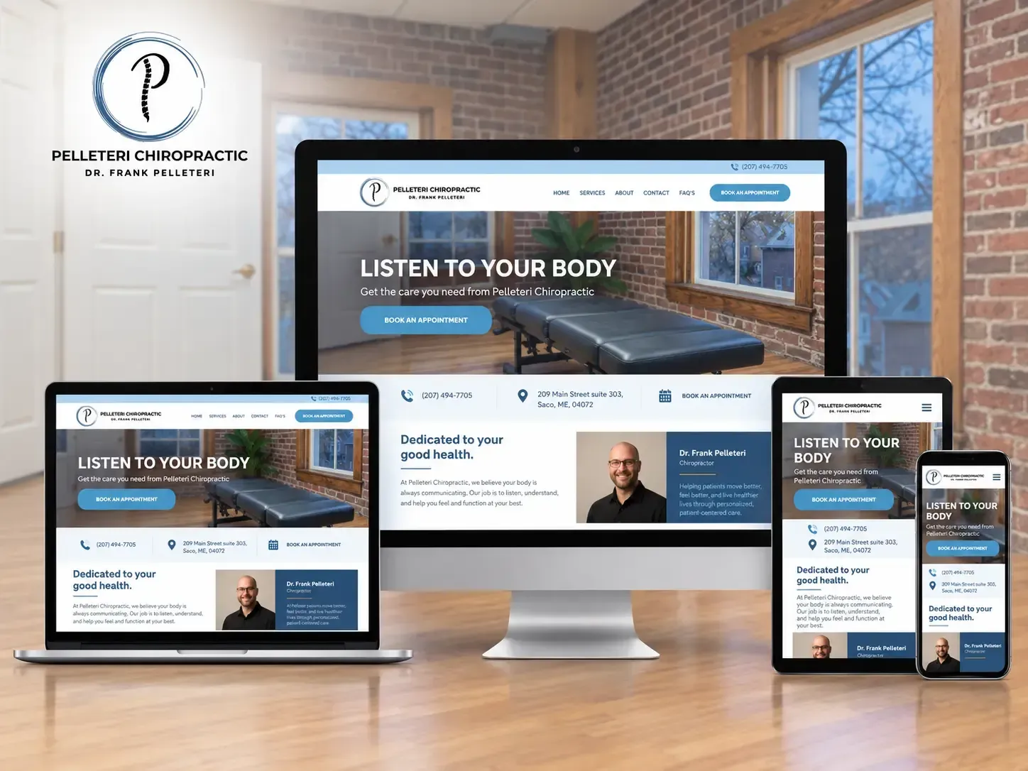 Website mockup displayed across desktop, laptop, tablet, and phones in a brick office setting