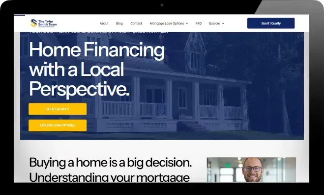 Bank website homepage with blue hero banner reading “Home Financing with a Local Perspective” and yellow buttons