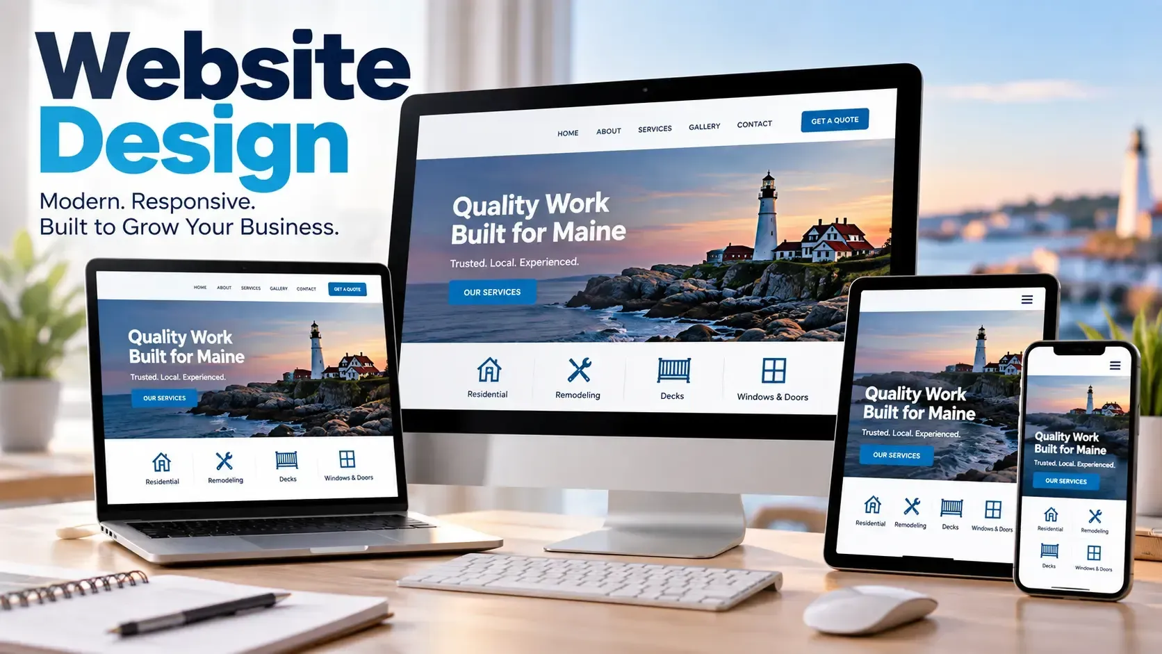Responsive website design mockup on desktop, laptop, tablet, and phone screens with blue-themed layout