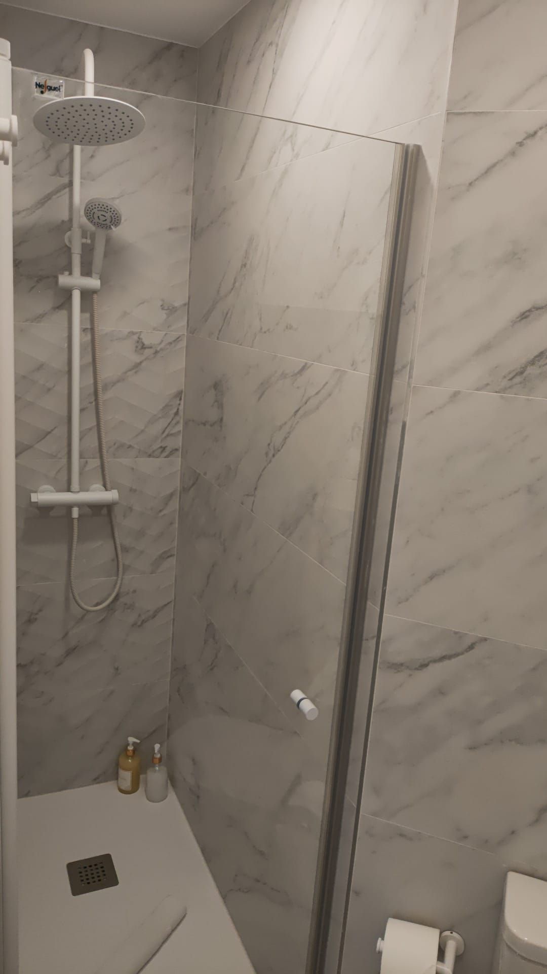 Un baño con ducha y WC.