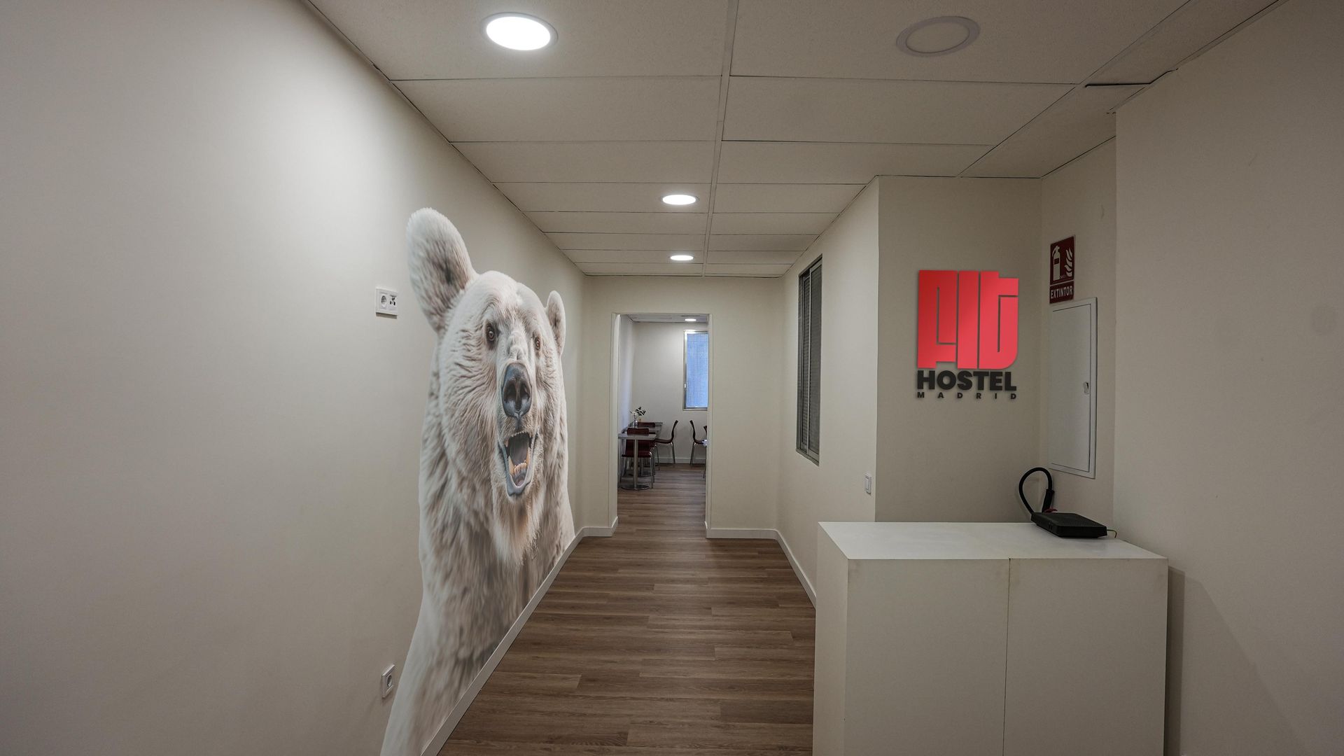 Un pasillo con una imagen de un oso polar en la pared.