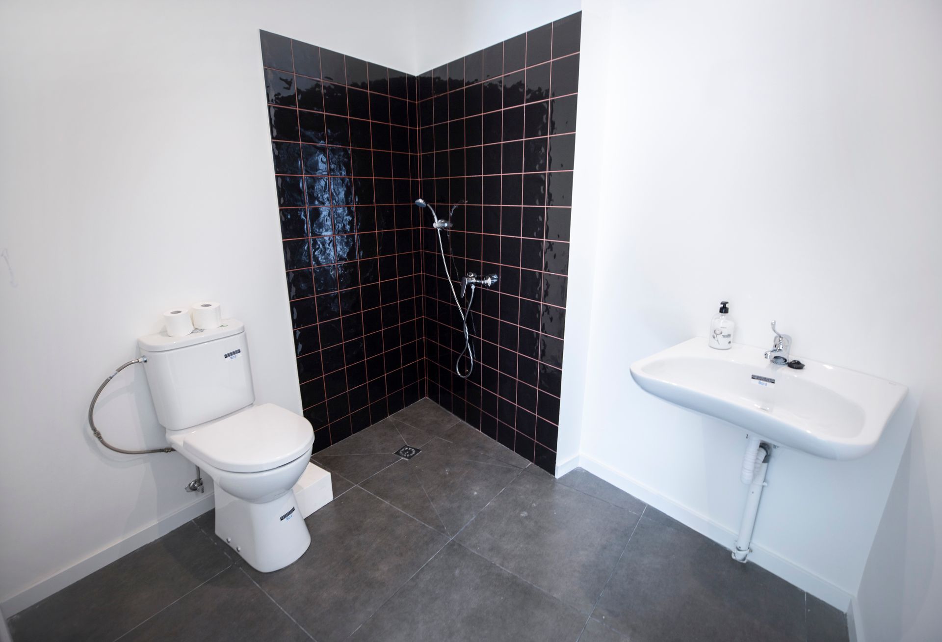 Un baño con inodoro, lavabo y ducha.