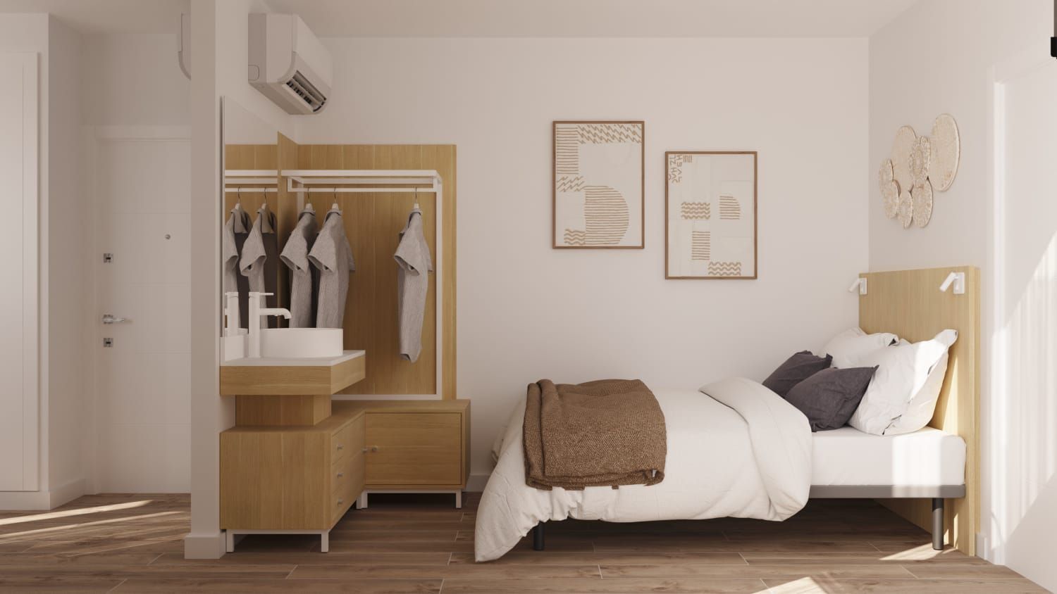 Un dormitorio con cama, cómoda, lavabo y armario.