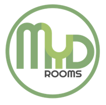 Un logotipo verde y blanco para myd rooms