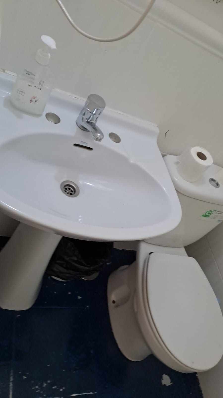 Lavabo e inodoro de color blanco en un baño con suelo azul.