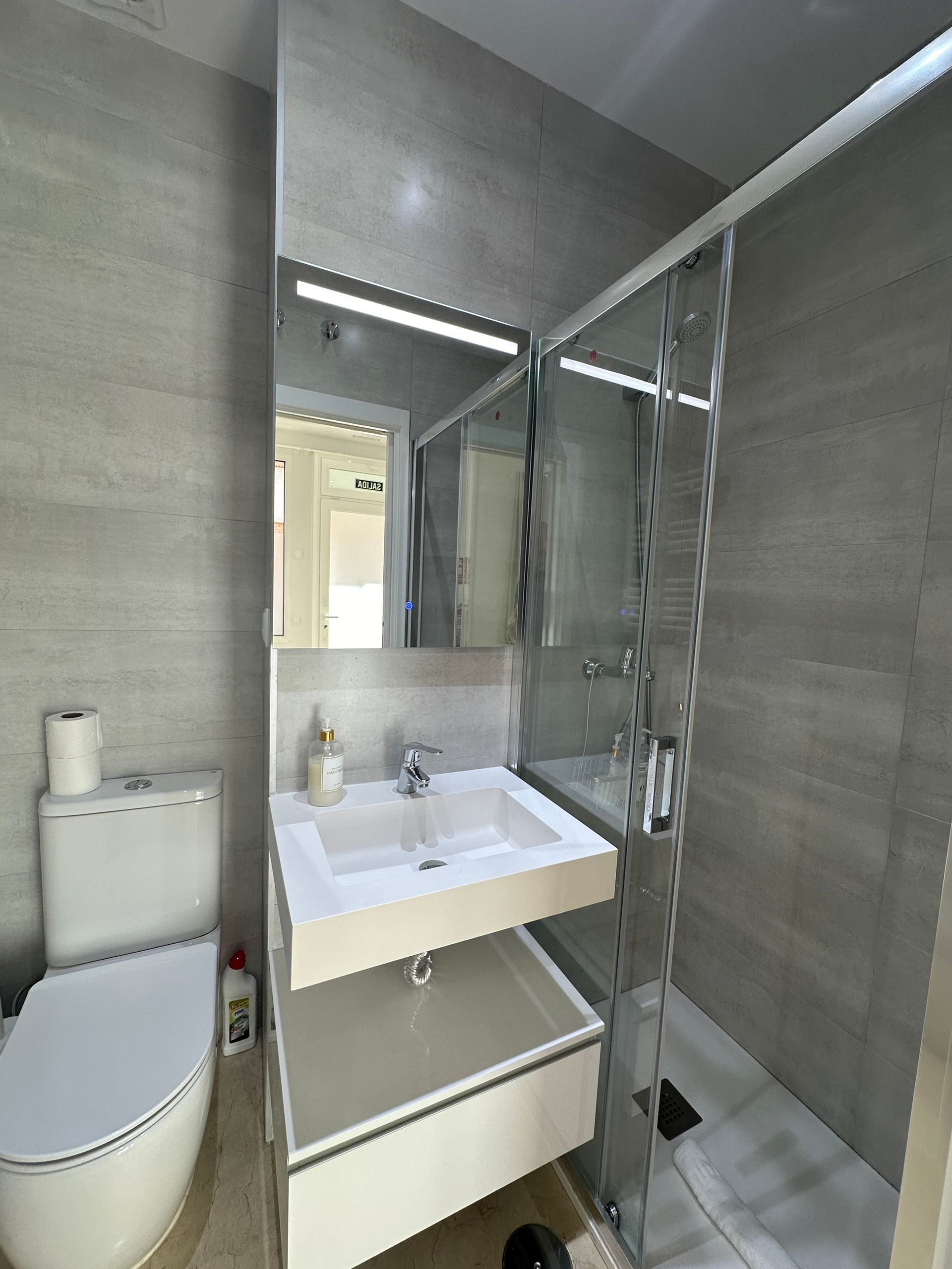 Un baño con inodoro, lavabo, espejo y ducha.