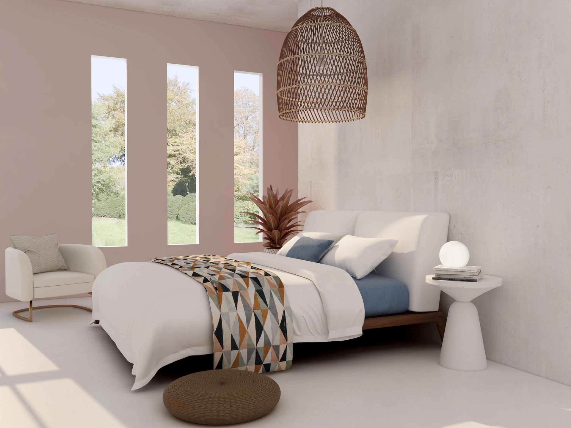 Un dormitorio con una cama, silla, mesa y ventana.