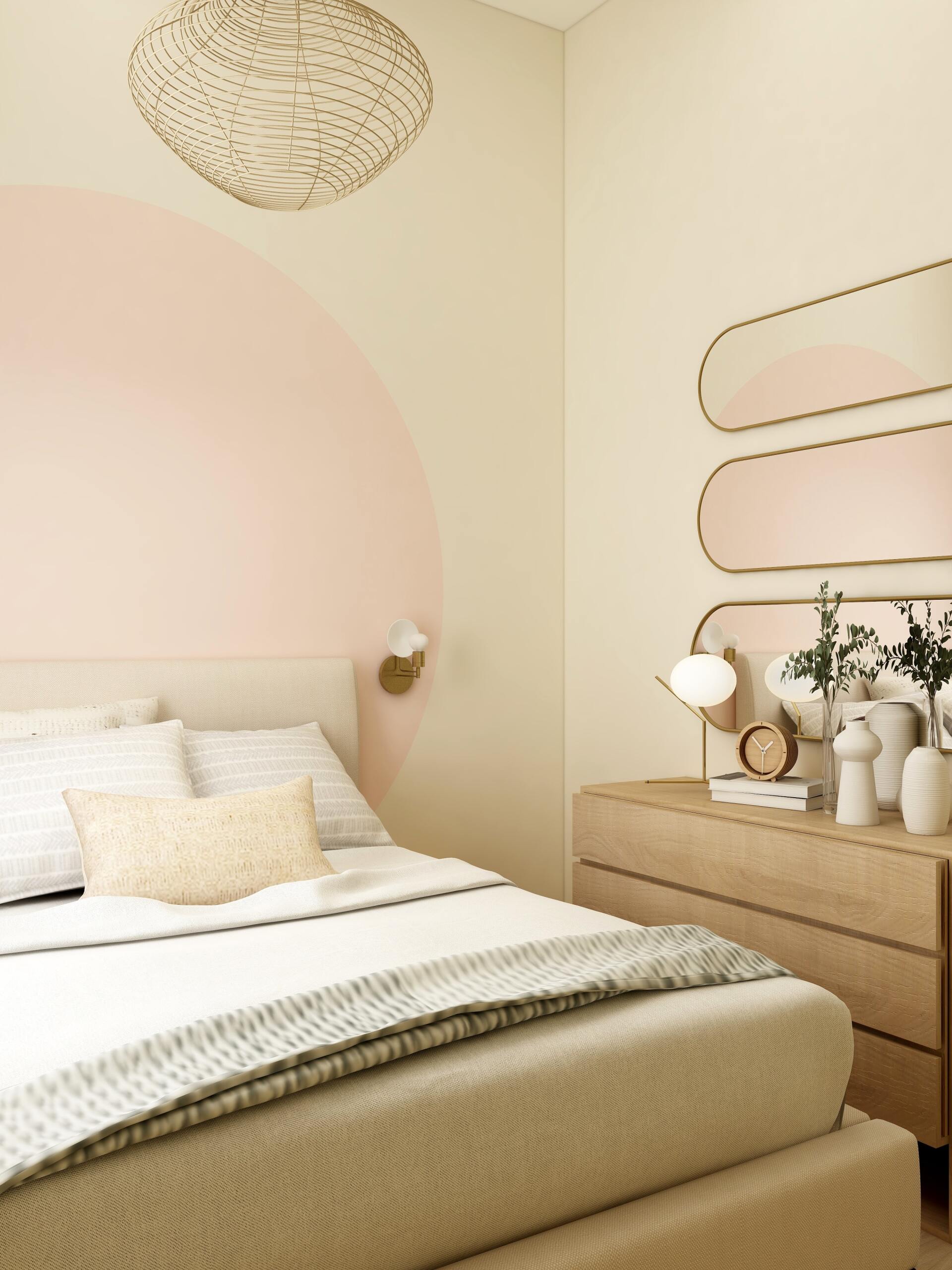 Un dormitorio con una cama, una cómoda y un espejo.