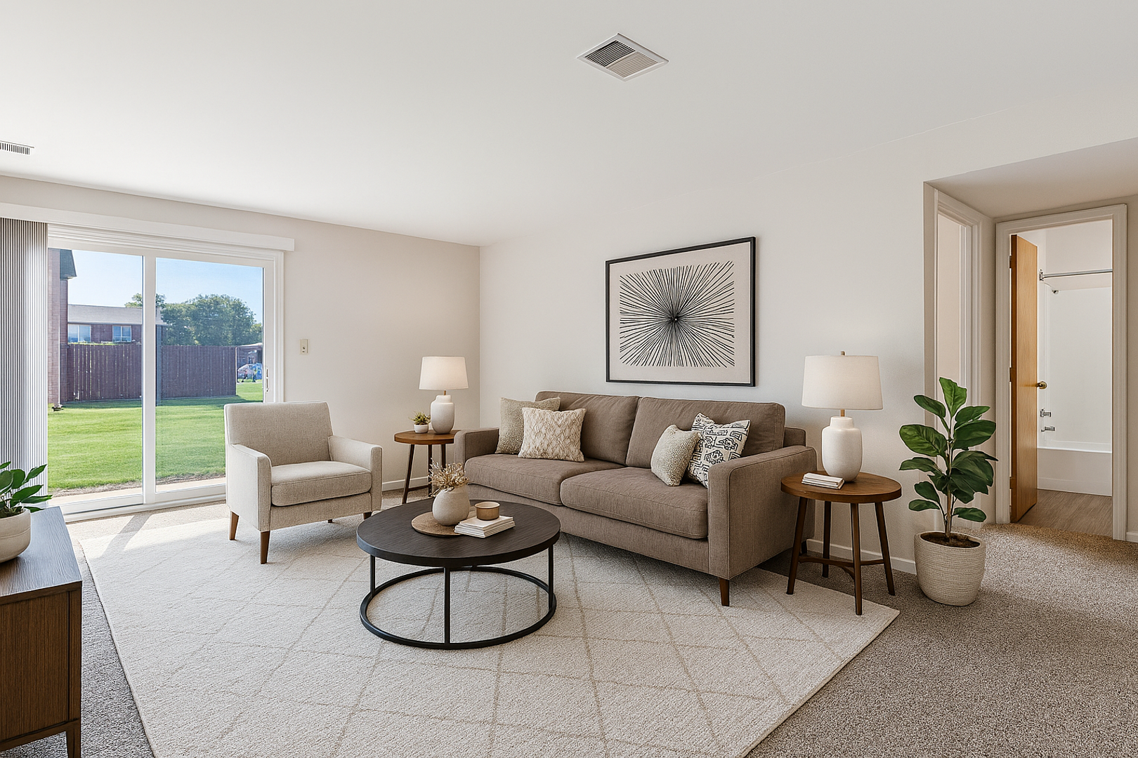 A staged living room with a tan sofa, armchair, round coffee table, and area rug, featuring a view of a backyard.