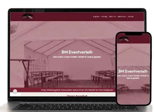 Laptop und Smartphone zeigen einen bordeauxroten Website-Entwurf mit dem Schriftzug „BM Evershelh“ auf dem Bildschirm.