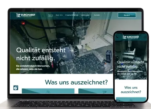 German webpage shown on a laptop and phone: “Qualität entsteht nicht zufällig.”