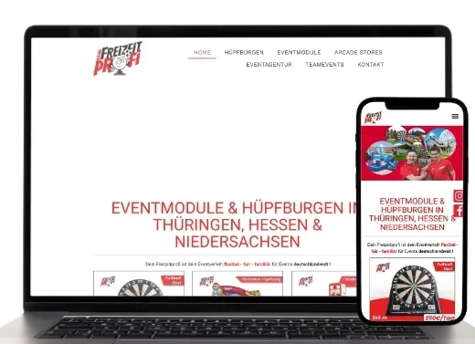 Website-Mockup für ein Eventverleihunternehmen auf Laptop und Smartphone, mit deutschem Text und roten Akzenten