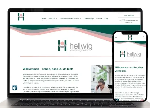 Die Hellwig-Website wird auf Laptop und Smartphone angezeigt, mit türkis-pinkfarbenem Header und Logo.