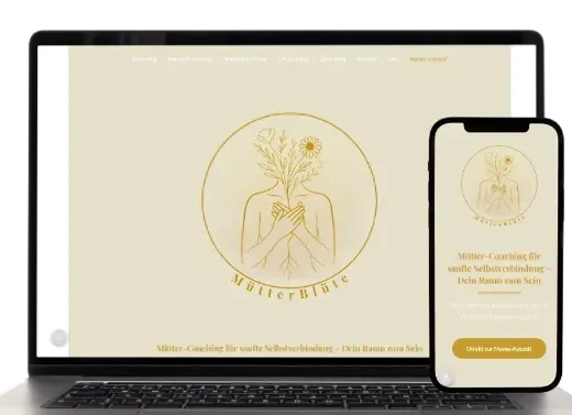 Laptop und Smartphone zeigen ein minimalistisches Goldlogo auf einer cremefarbenen Website-Startseite