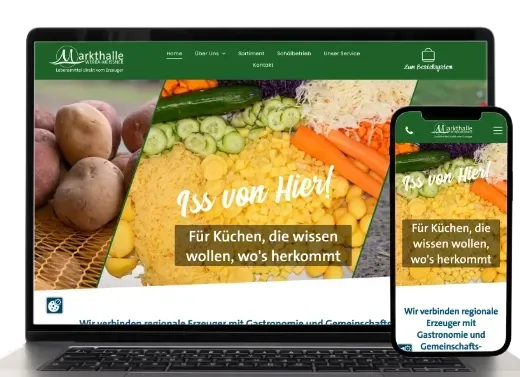Laptop und Handy zeigen eine grüne Lebensmittel-Website mit Kartoffeln, Gemüse und dem Text „Aus guter Hand“.