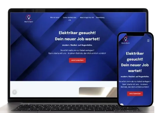 Laptop and smartphone showing a blue electrician job ad with “Elektriker gesucht! Dein neuer Job wartet!”