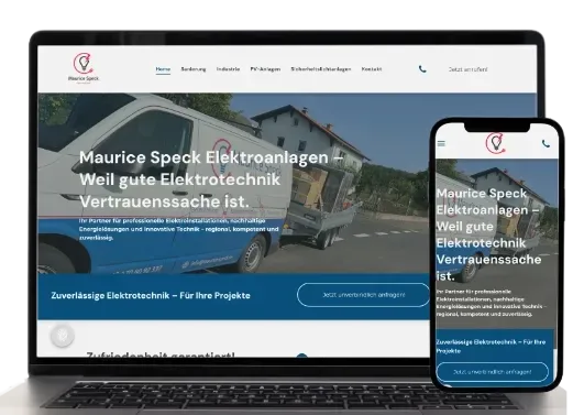 Laptop-Bildschirm mit der Webseite eines deutschen Elektrikerunternehmens, auf dem ein LKW und Anhänger zu sehen sind.