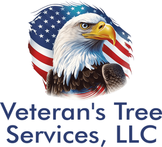 Bald eagle with American flag backdrop, logo for Veteran's Tree Services, LLC.