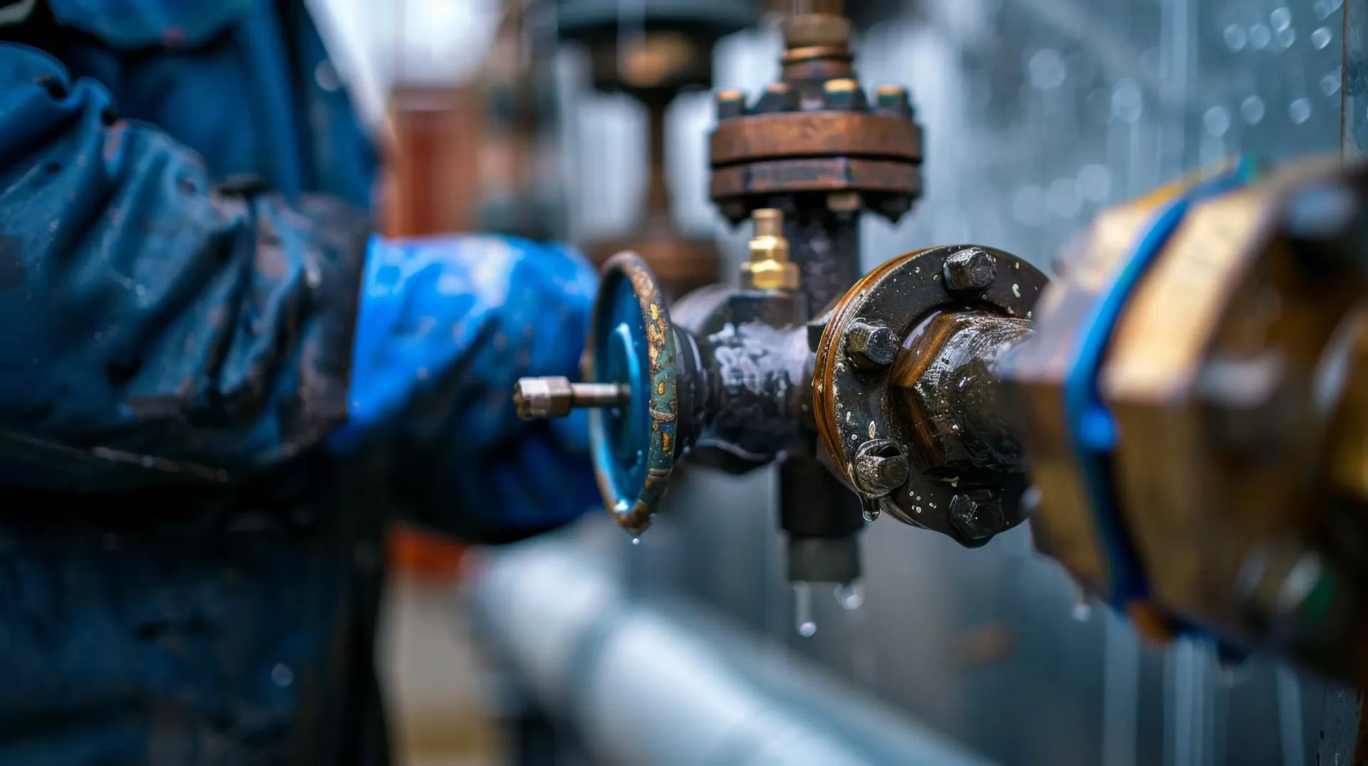 Workers in yellow jackets repair a water pipe in a trench, water spurting out. Person in blue gloves working on a pipe system, with drips and rusty components.