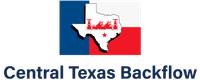 Logo for Central Texas Backflow with Texas outline and flag colors.