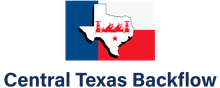 Logo for Central Texas Backflow with Texas outline and flag colors.