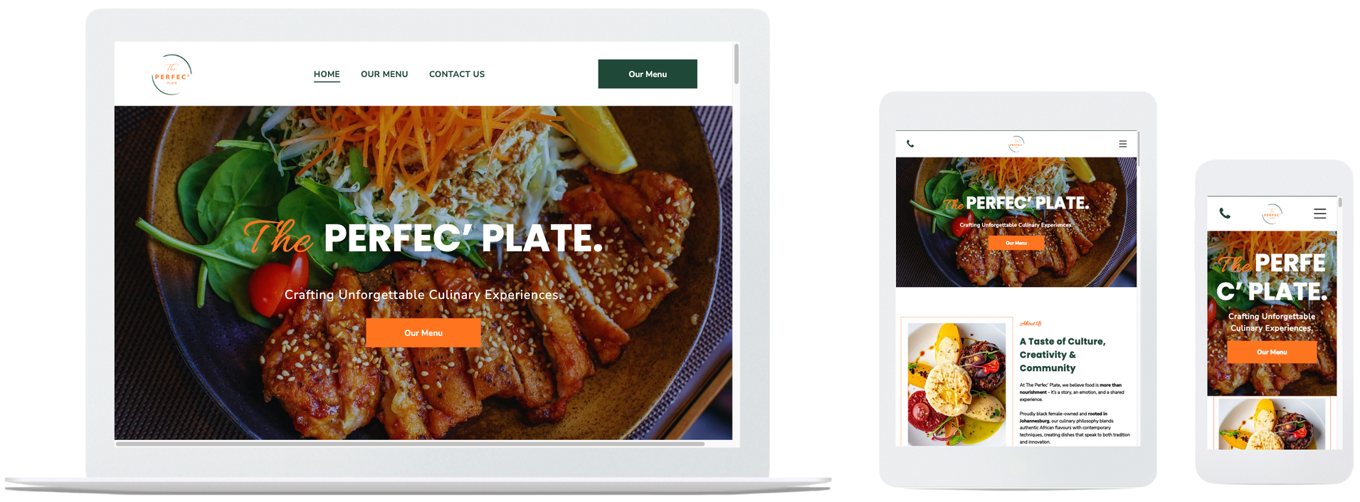 Responsive web design mockup showing a landing page for