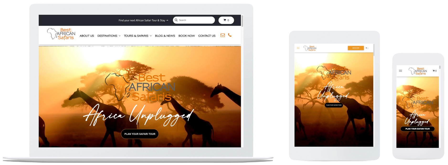 A desktop computer, tablet, and smartphone displaying a website with a sunset savanna giraffe landscape and