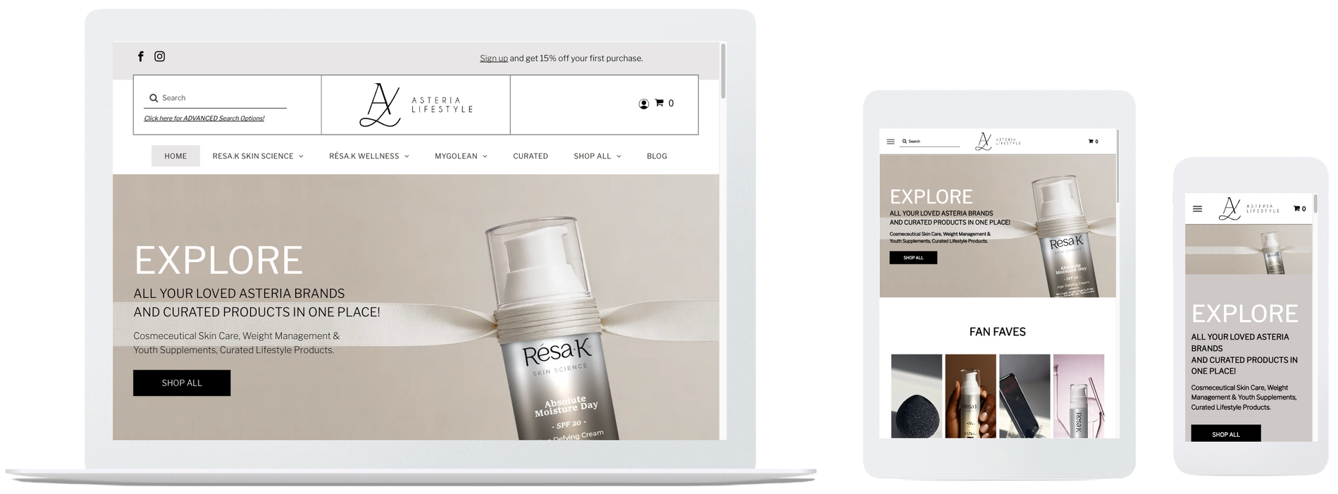 Responsive website design mockups for a skincare brand shown on a desktop, tablet, and smartphone screen.