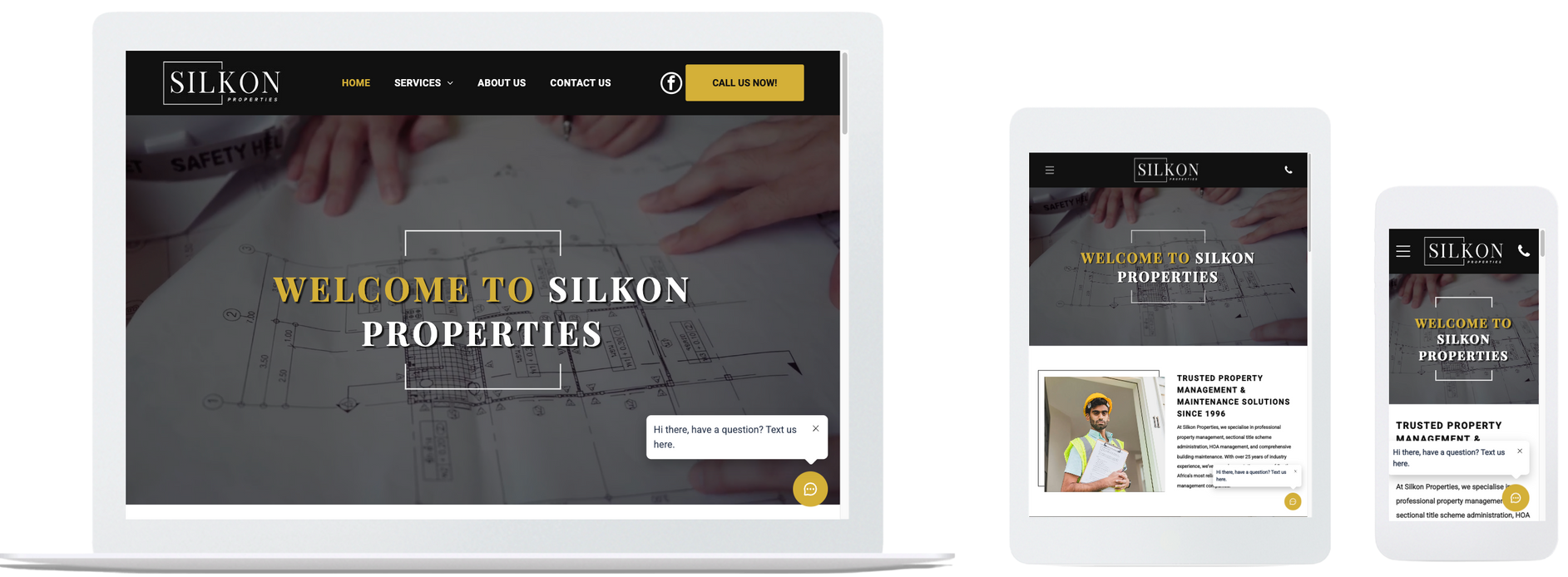 Responsive website design for Nilkon Properties displayed on a laptop, tablet, and mobile phone.