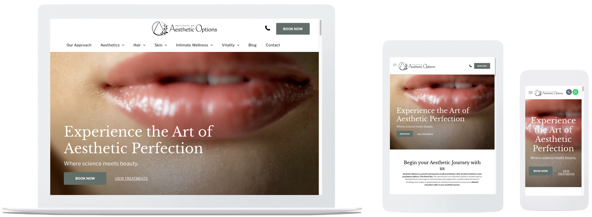A digital mockup showing a website interface displayed on a laptop, tablet, and smartphone with a focus on aesthetic design.