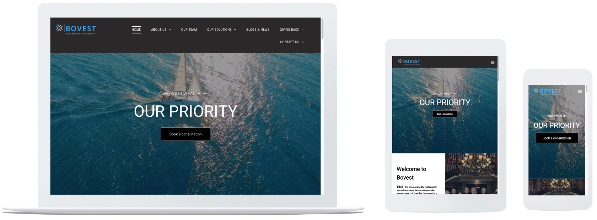 Mockup of a responsive website design displayed on a laptop, tablet, and smartphone showing a consistent landing page.