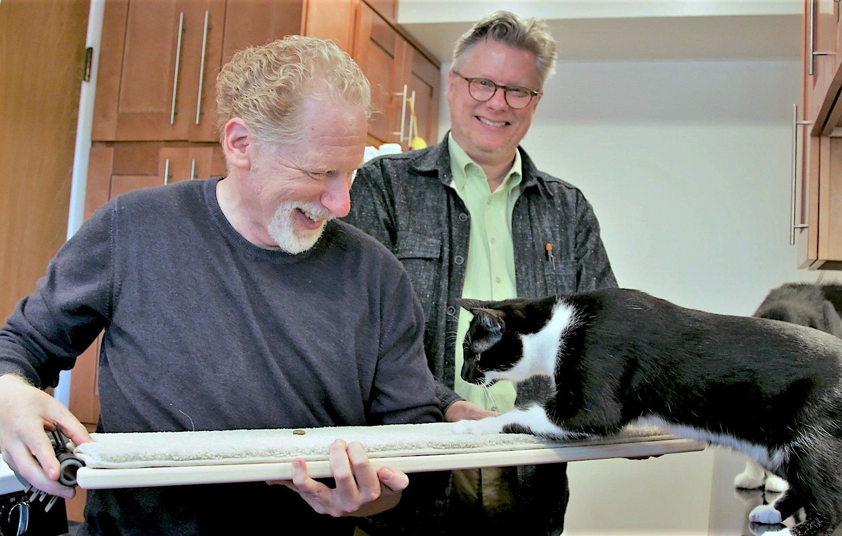 CatScapes founders Aaron and Trevor hold a modular cat shelf on to which a tuxedo cat has placed its front paws.
