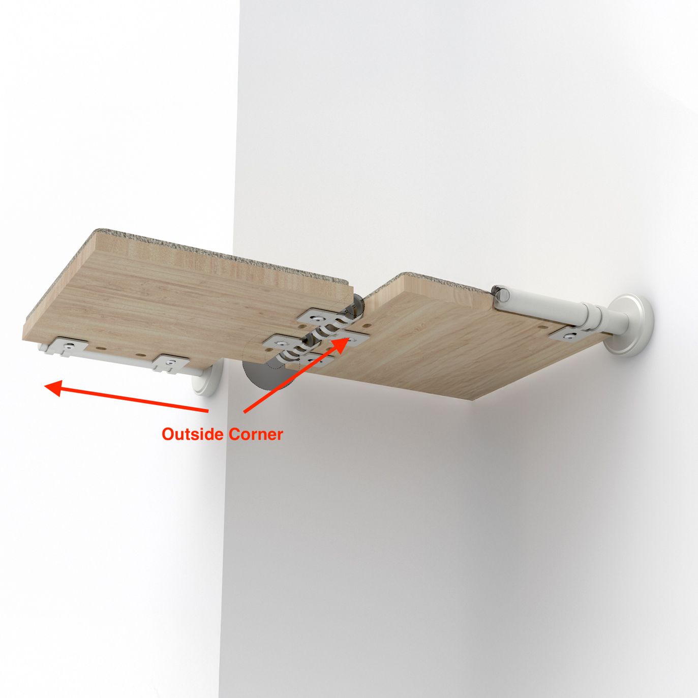 Underside view of wraparound corner cat shelf showing white mounting brackets and adjustable hinges for corner installation.