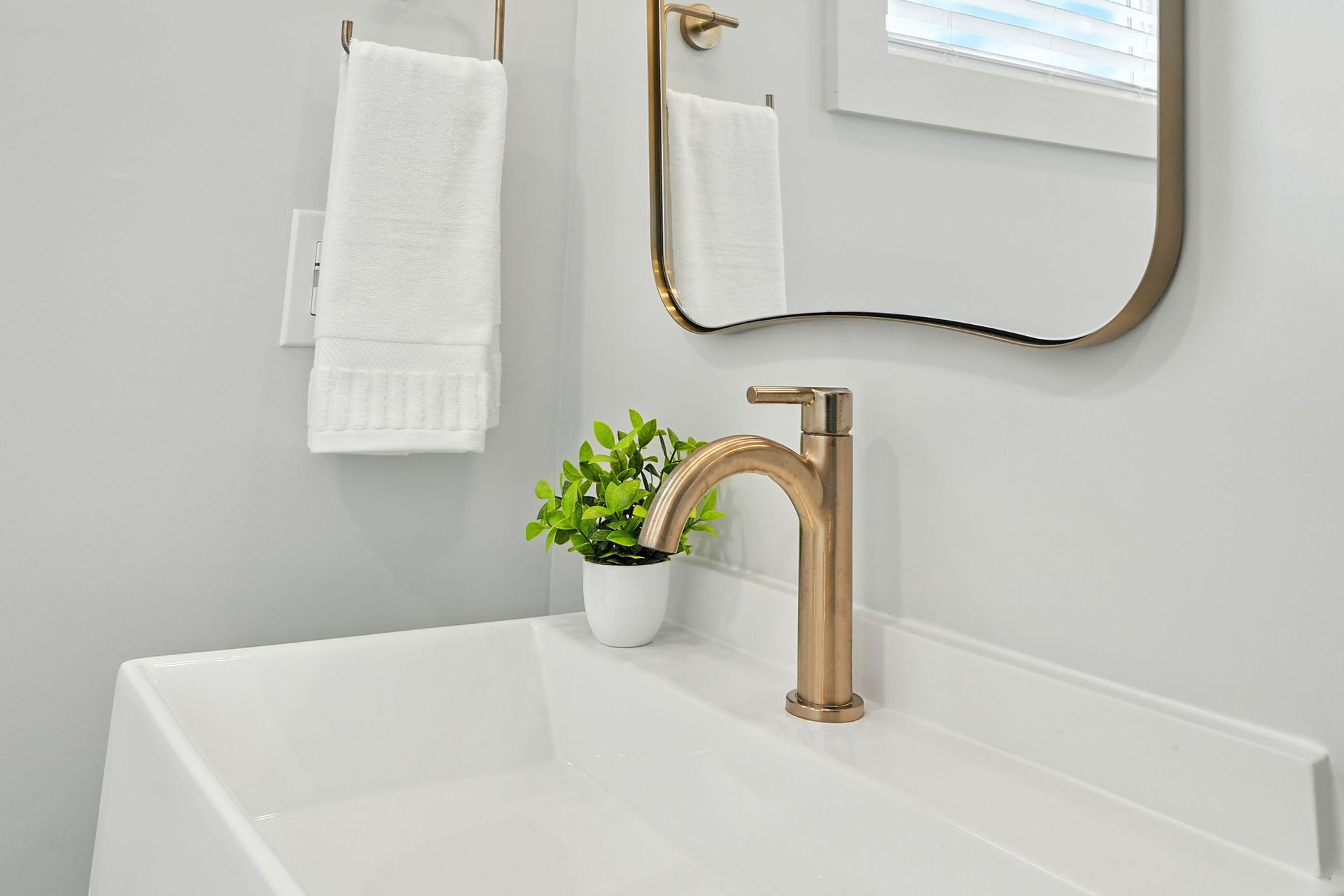Bathroom sink with gold faucet, mirror, and towel rack. White sink and wall, green plant.