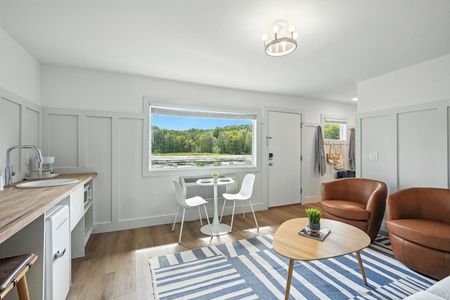 Small, bright studio apartment with kitchen, seating, and large window overlooking a natural landscape.