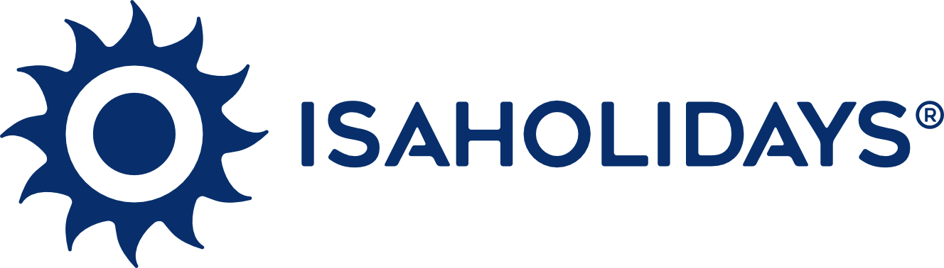 Logo di ISAholidays con icona a forma di sole blu e nome dell'azienda in blu scuro.