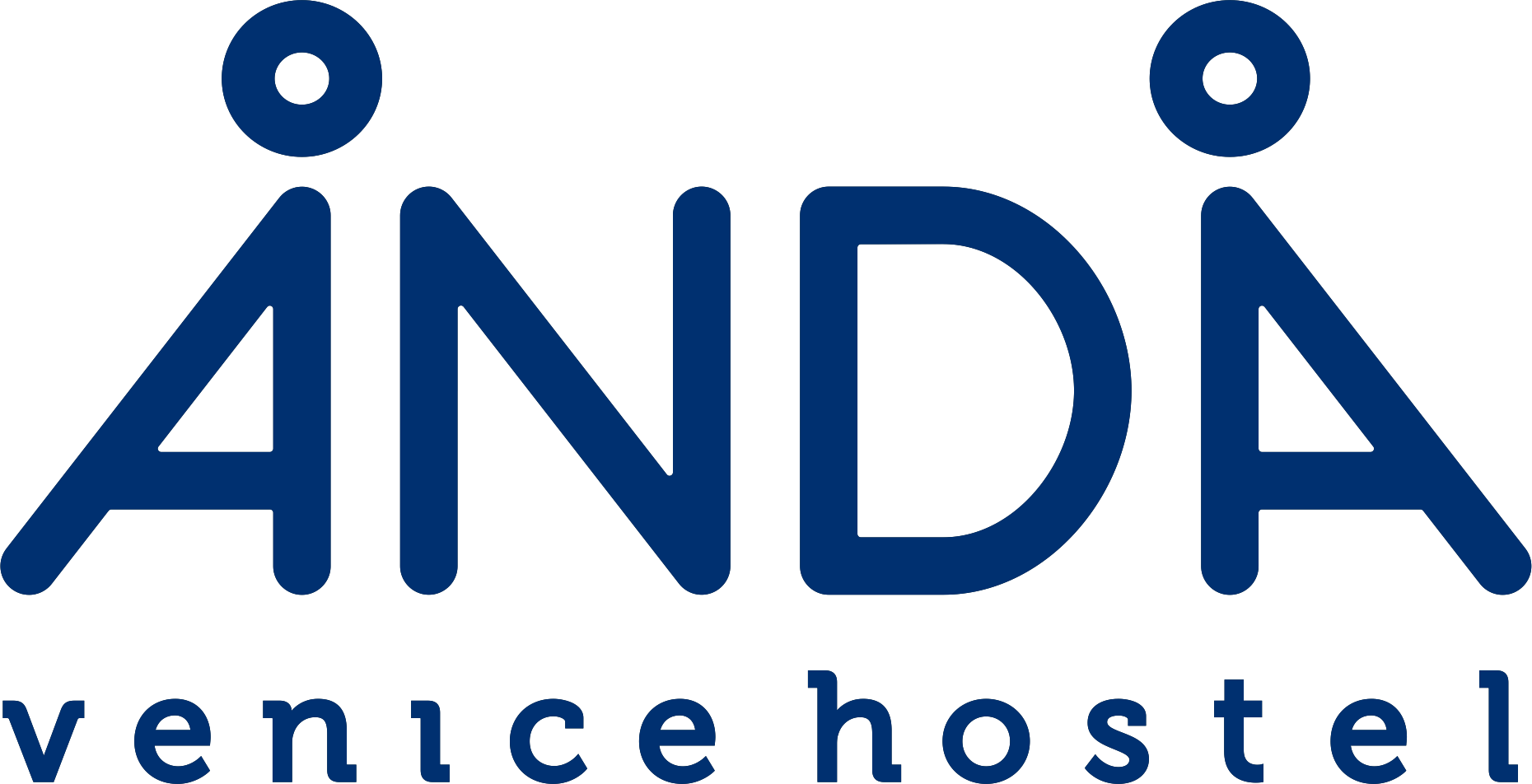 Logo per Anda Venice Hostel: testo blu scuro con figure umane stilizzate sopra le lettere