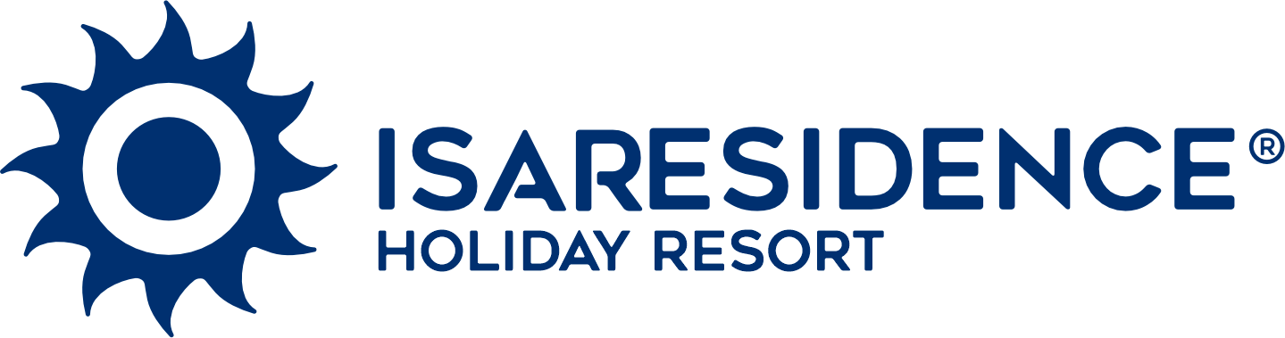 Logo per l'ISARESDIENCE Holiday Resort con icona e testo a forma di sole blu.