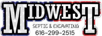 MIDWEST Septic & Excavating logo with phone number 616-299-2515 in black, white, and red